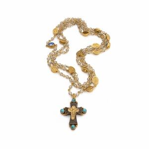 Virgins Saints & Angels Gold and Turquoise Cross Necklace